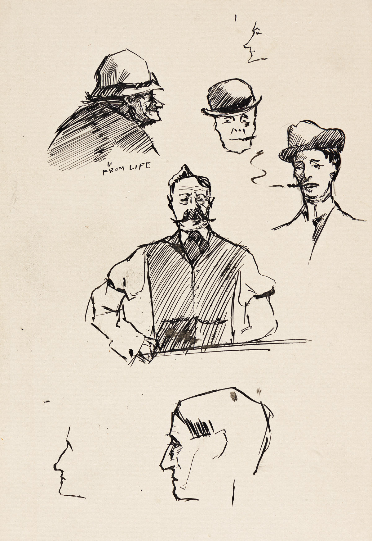 EDWARD HOPPER Sheet of Studies with Men in Hats and a Saloon Keeper.
